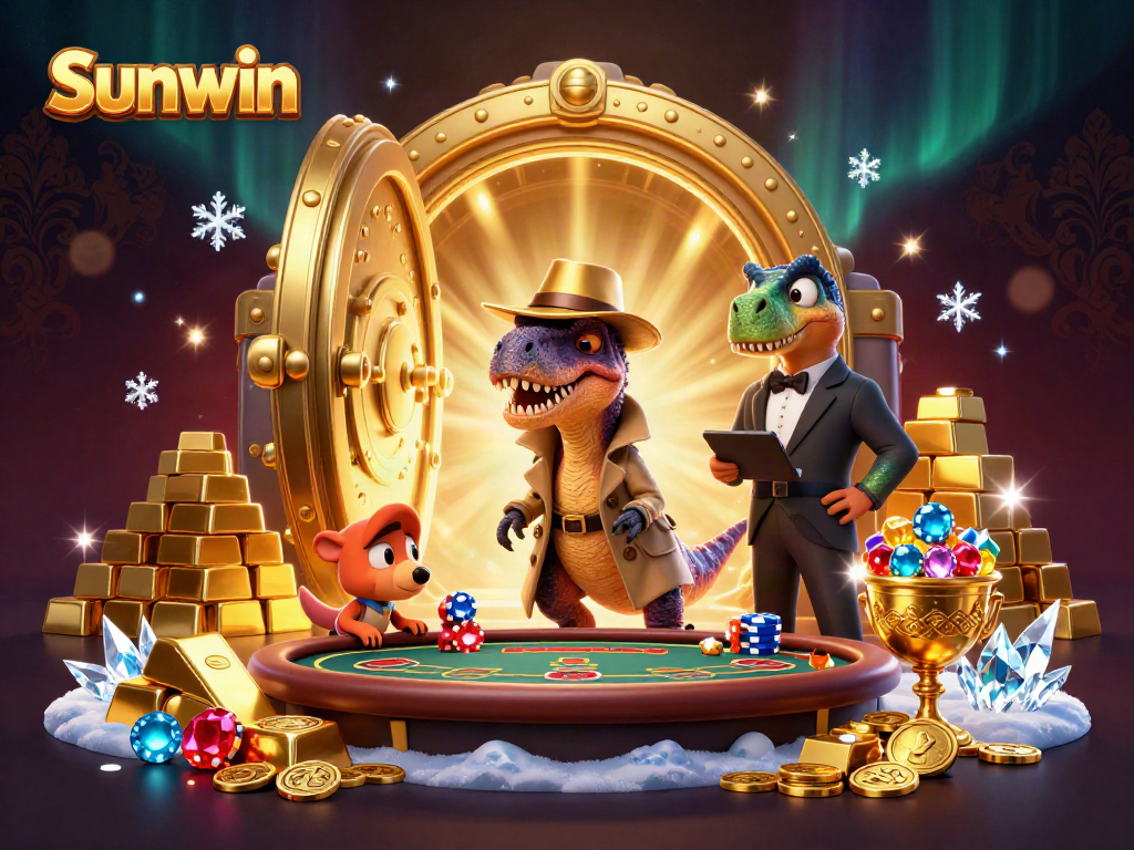 Sunwin casino scene featuring a velociraptor card counter at blackjack, surrounded by treasure and excitement.