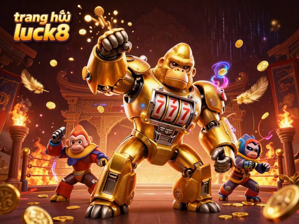 Experience the dynamic action of the trang chủ luck8 scene featuring a golden mech surrounded by vibrant casino elements.
