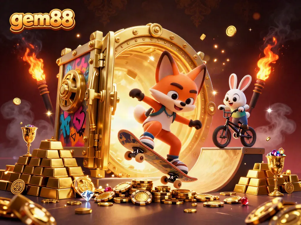 Engaging scene of Gem88 casino characters performing tricks while surrounded by wealth and excitement.