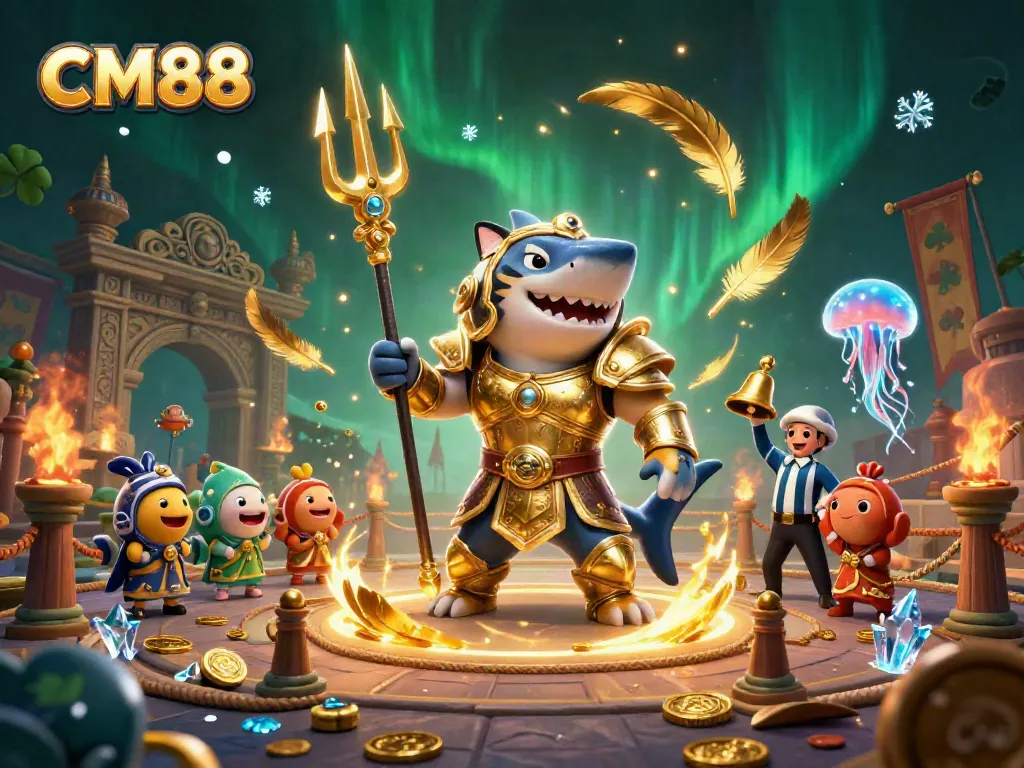 CM88's dynamic underwater casino scene featuring a brave tiger shark and a jellyfish referee.