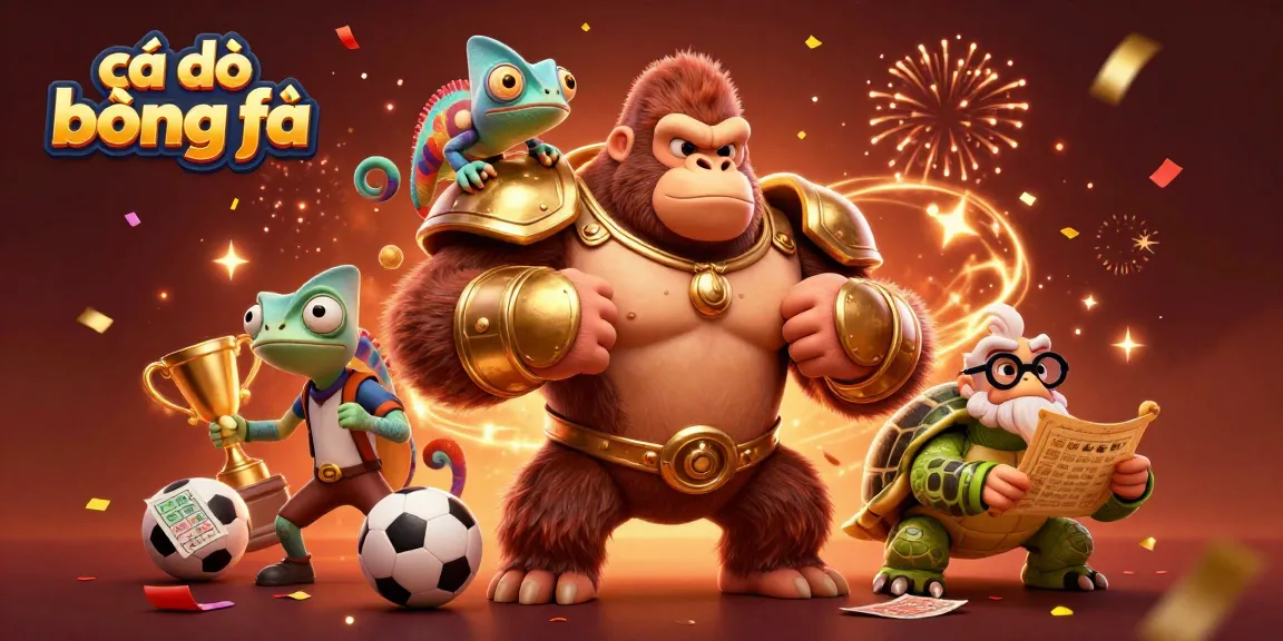 Engaging sports betting scene showcasing cá độ bóng đá with a gorilla king, chameleon spy, and tortoise elder in action.