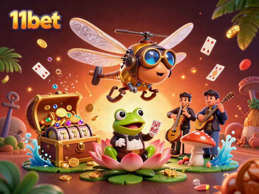 Catch the excitement at 11bet with a dragonfly pilot and frog croupier in a dynamic casino scene.