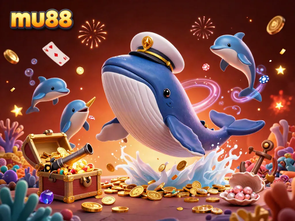 Experience the thrilling action at mu88 with a vibrant scene of playful dolphins and a majestic whale in a sea of coins