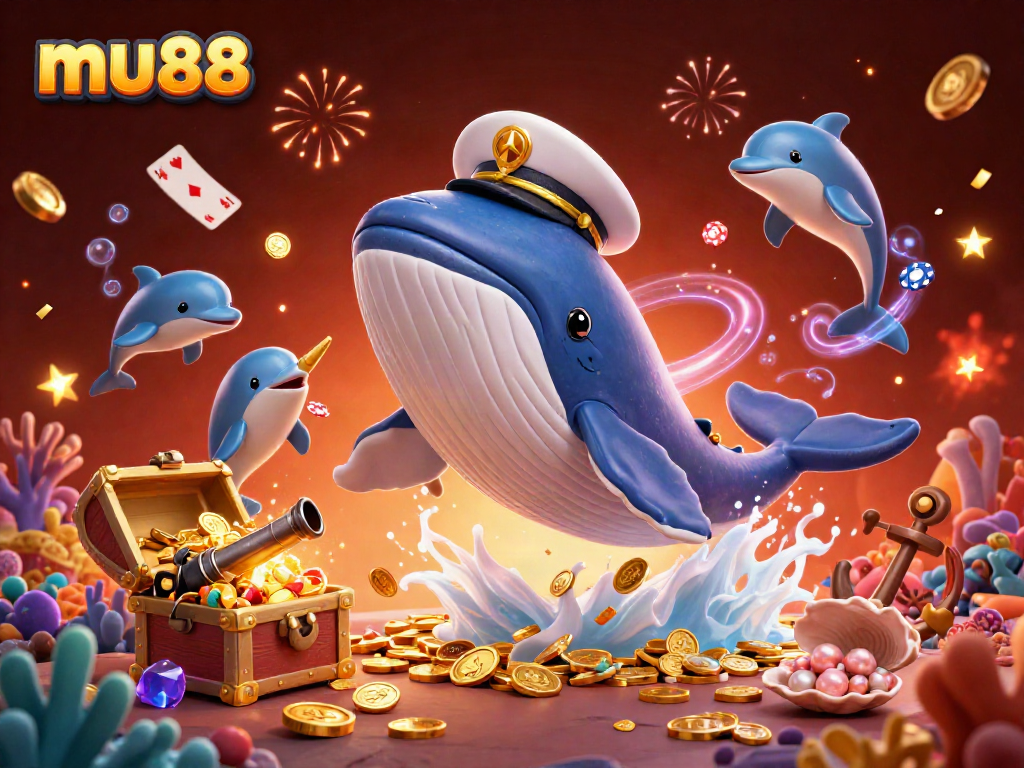 Experience the thrilling action at mu88 with a vibrant scene of playful dolphins and a majestic whale in a sea of coins