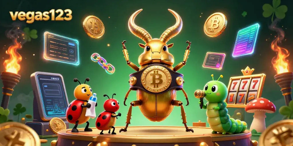 Ilustrasi 3D vegas123 menampilkan kejuaraan calon juara, koin Bitcoin dan Ethereum dalam suasana kasino yang dinamis.