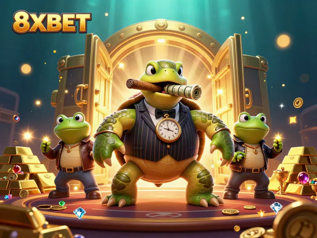 Experience 8XBET casino thrill with a cartoon turtle and bullfrogs surrounded by gold!