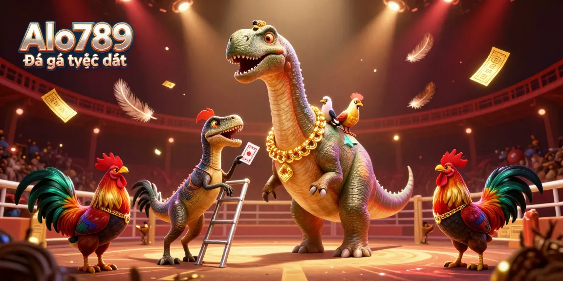 Alo789 Đá gà trực tiếp showcases a lively brontosaurus and raptor dealing cards in a dynamic cockfighting arena.