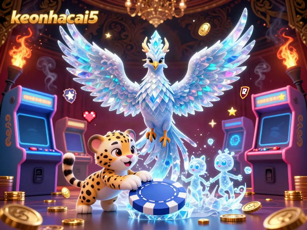 Experience the vibrant world of keonhacai5, where an ice phoenix and snow leopard play amidst colorful gambling elements.