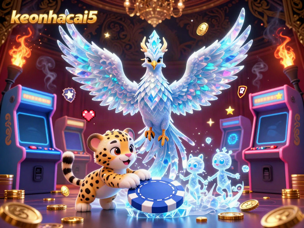 Experience the vibrant world of keonhacai5, where an ice phoenix and snow leopard play amidst colorful gambling elements.