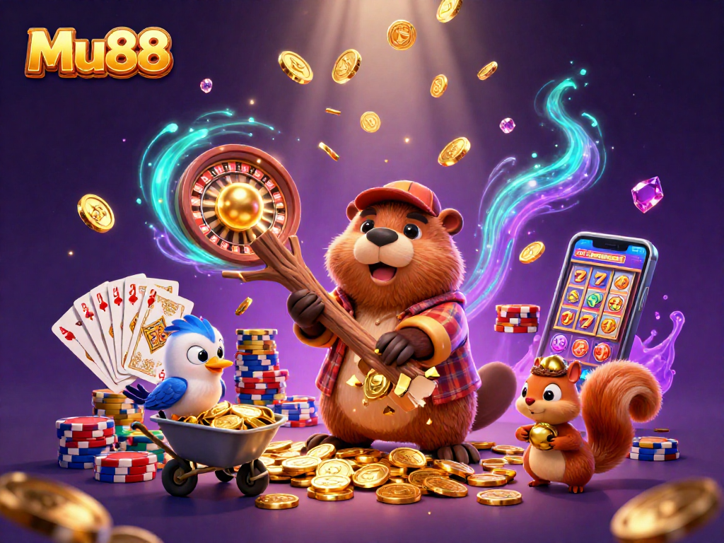 Win big at Mu88 with a colorful 3D scene of cartoon characters engaged in gambling fun.