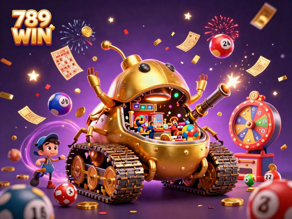 Engage in epic gameplay at 789 WIN with a dazzling golden beetle tank and vibrant casino elements.