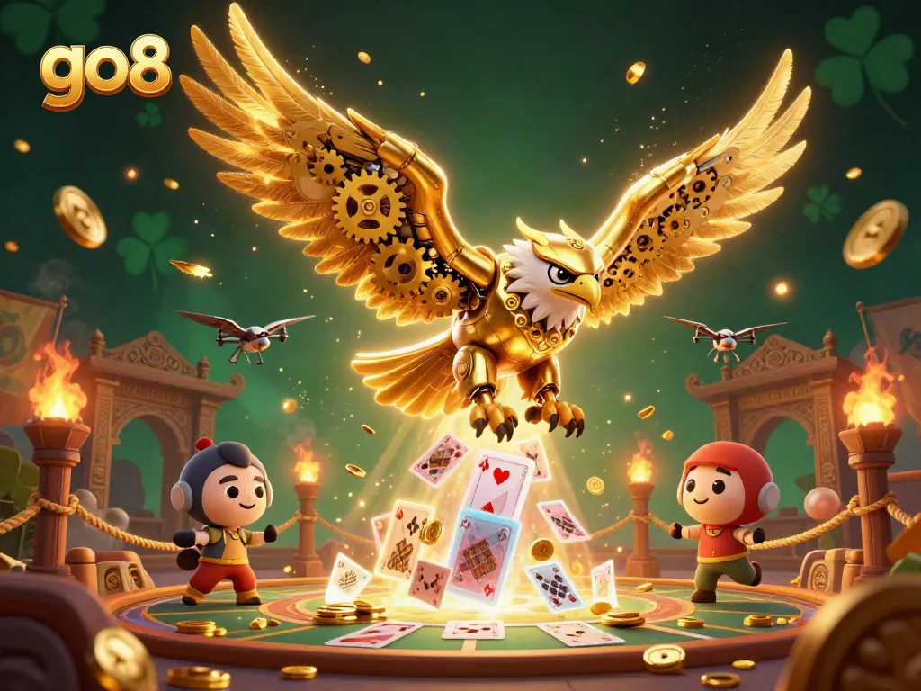 Engage with the dynamic go8 experience through a 3D illustration of a golden eagle amidst immersive casino elements.