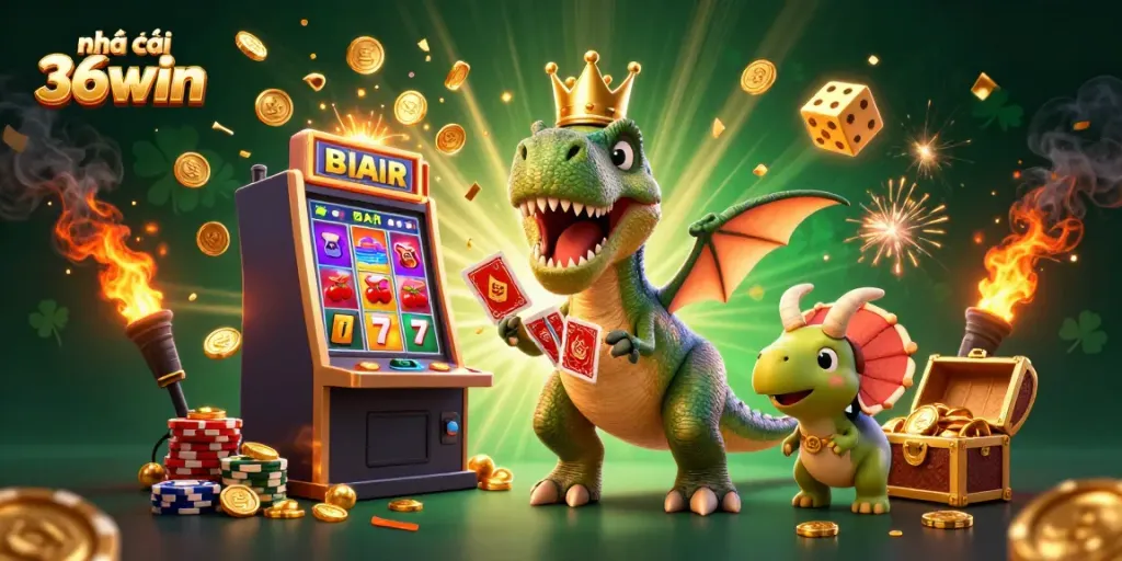 Join the fun at Nhà cái 36win with T-Rex card shuffling and a treasure chest of winnings!