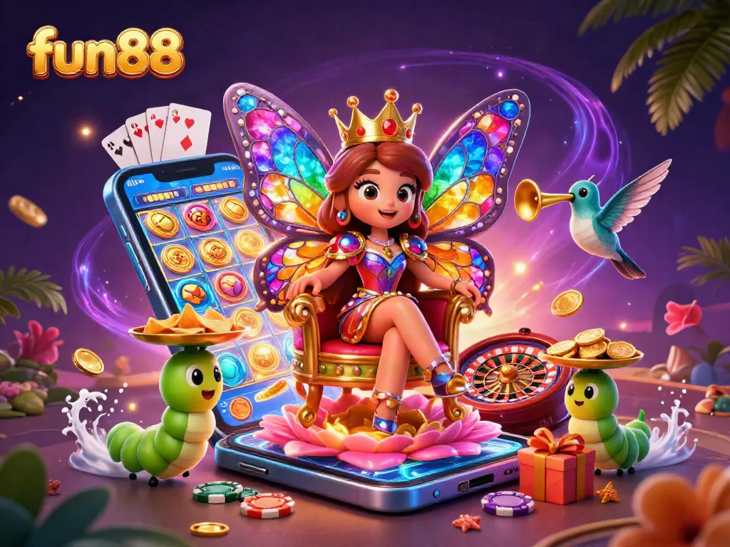 Experience fun88 excitement as the butterfly queen commands a casino kingdom filled with vibrant gaming elements.