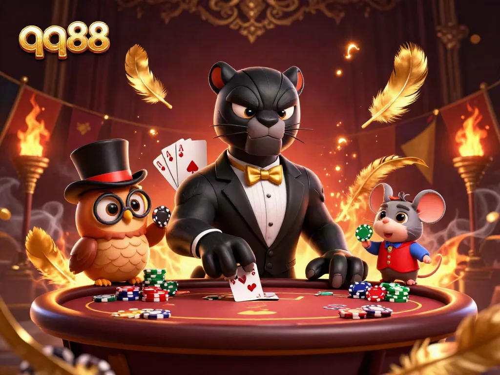 Experience thrilling poker action at qq88 with a stylish panther dealer and fun characters.