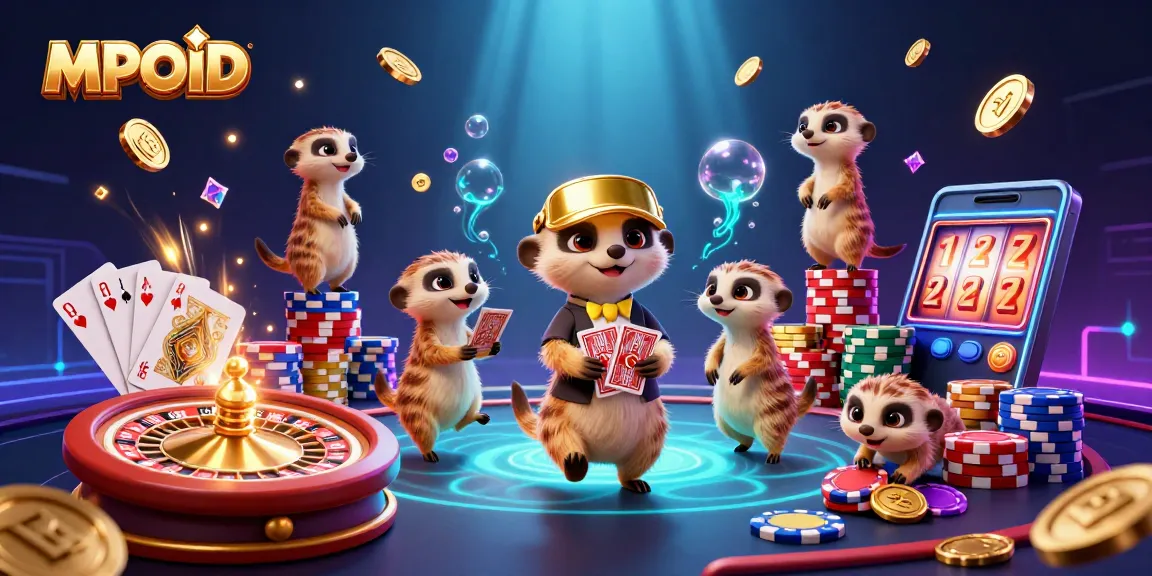 MPOID casino scene with meerkats operating a lively gaming floor, featuring golden coins and vibrant chips.