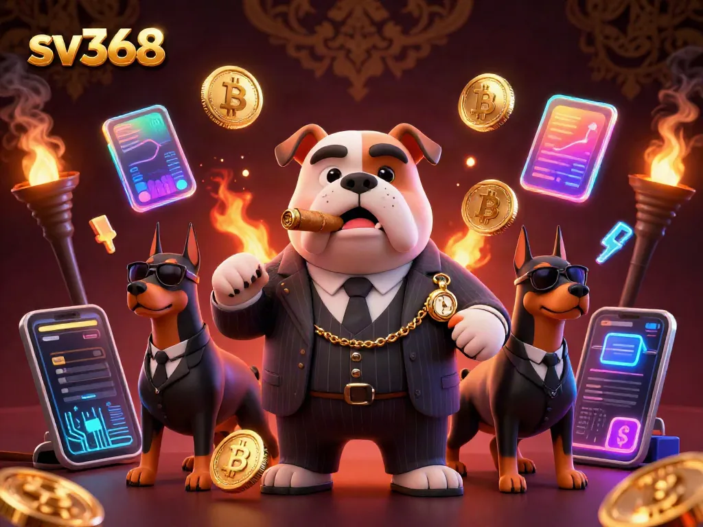 Engage in thrilling gameplay at sv368 with a mobster bulldog mascot, surrounded by crypto coins.